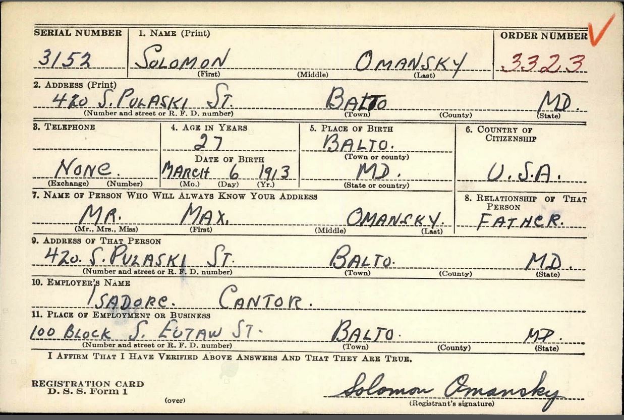 WWII Draft Reg. Card