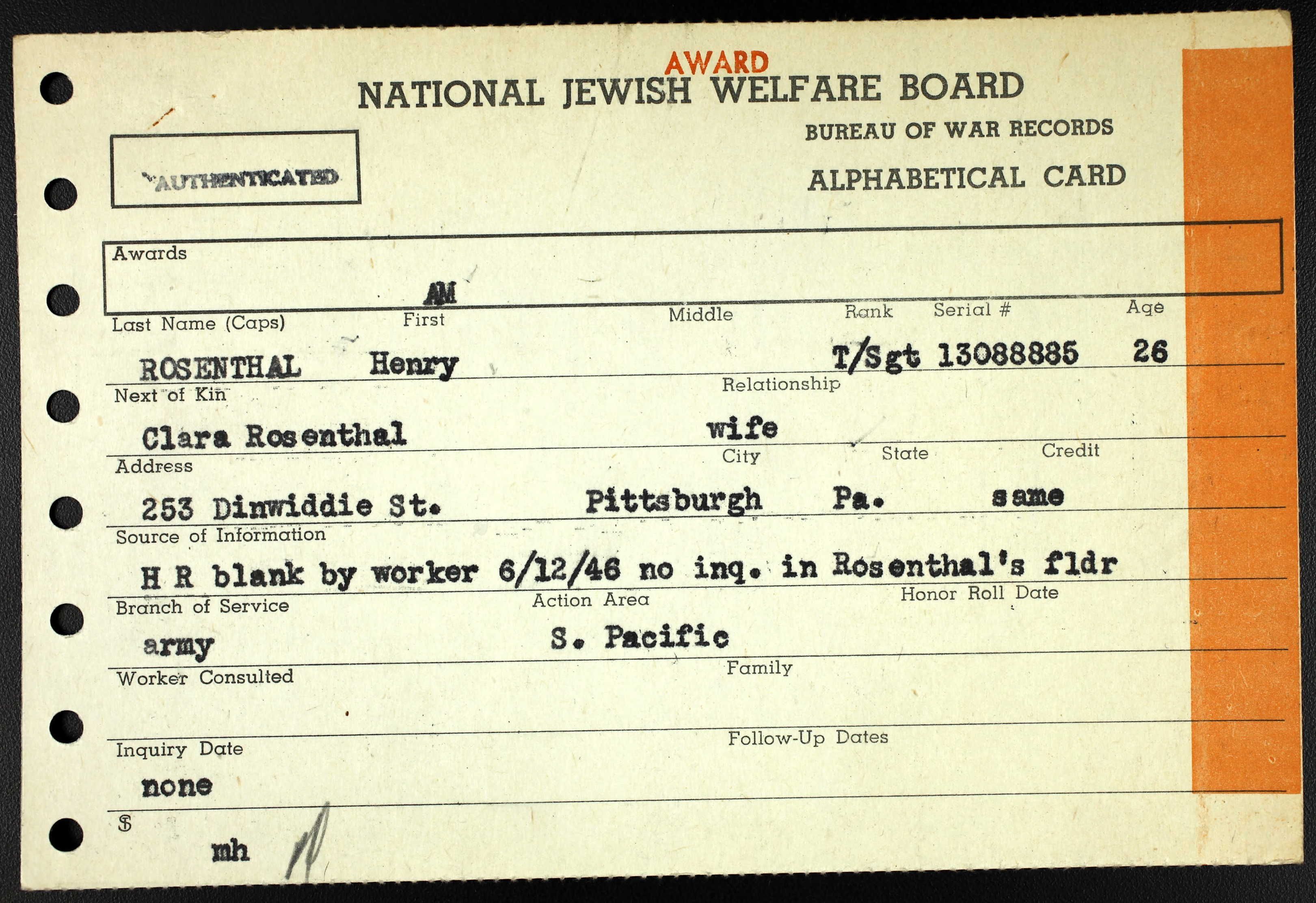 National Jewish Welfare Board Card